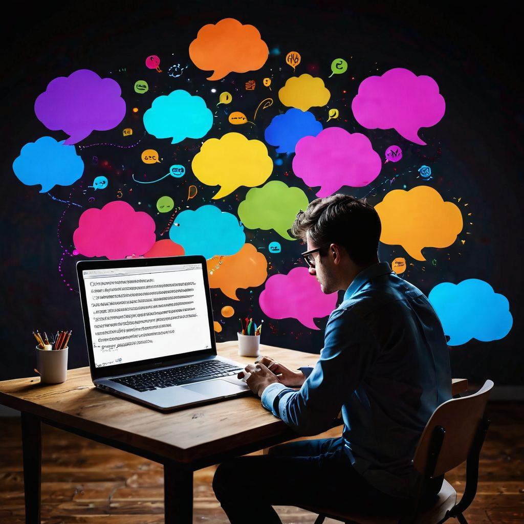 A person sitting at a desk surrounded by colorful thought bubbles representing various insights, writing passionately on a laptop. A transformation effect is visible, showing thoughts morphing into text on the screen. Warm, inviting lighting enhances the creativity and inspiration in the workspace. super-realistic. vibrant colors. dynamic composition.