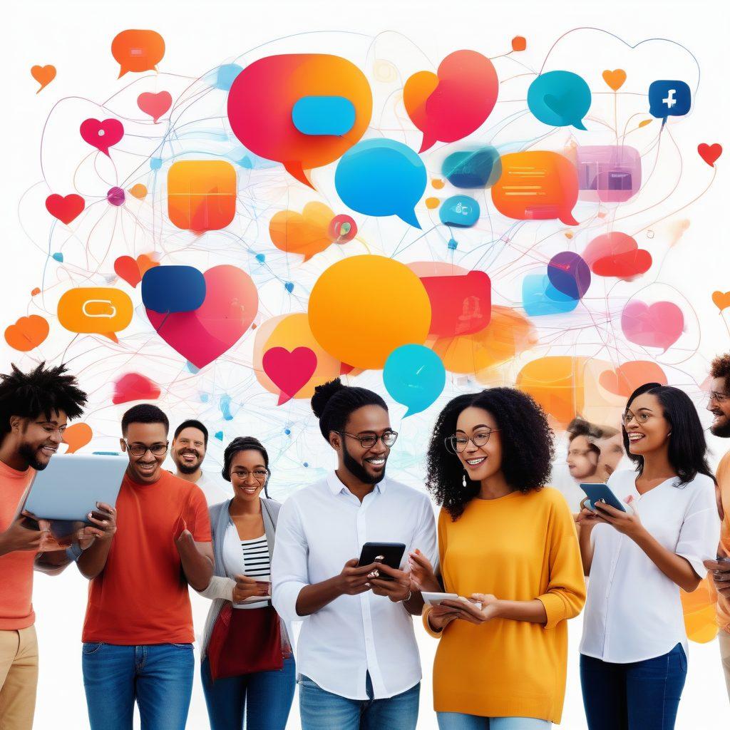 A vibrant collage of diverse people interacting with their devices, showcasing dynamic blog posts on colorful screens. Include elements like chat bubbles, social media icons, and hearts to symbolize engagement and community. The background features interconnected lines representing a digital network. super-realistic. vibrant colors. white background.